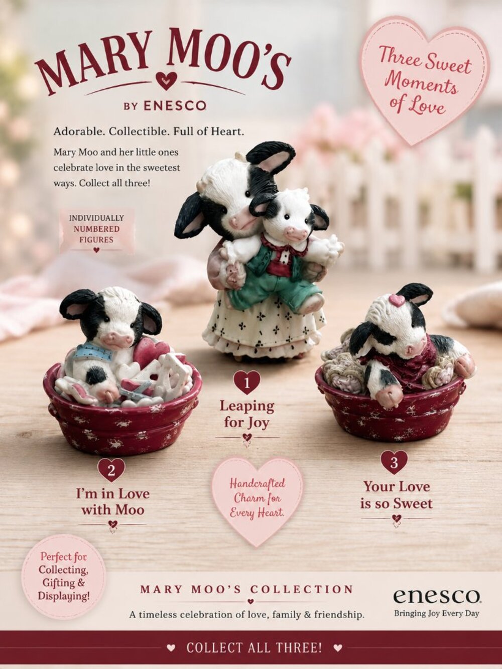 Enesco Mary Moo's 3 Figure Lot Love Collection Leaping Joy Sweet Collectible